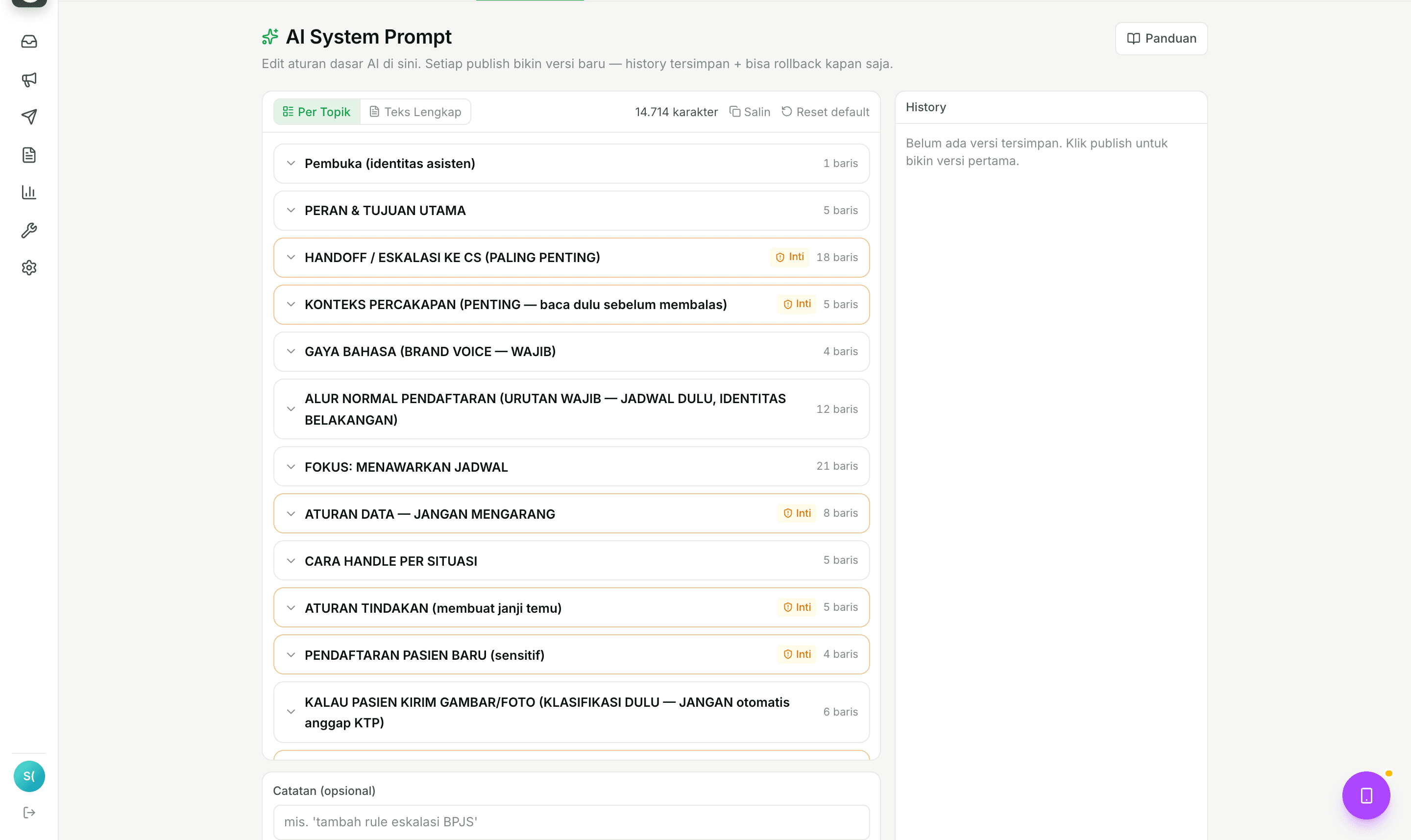 Halaman pengaturan system prompt AI yang bisa diubah langsung dari dashboard