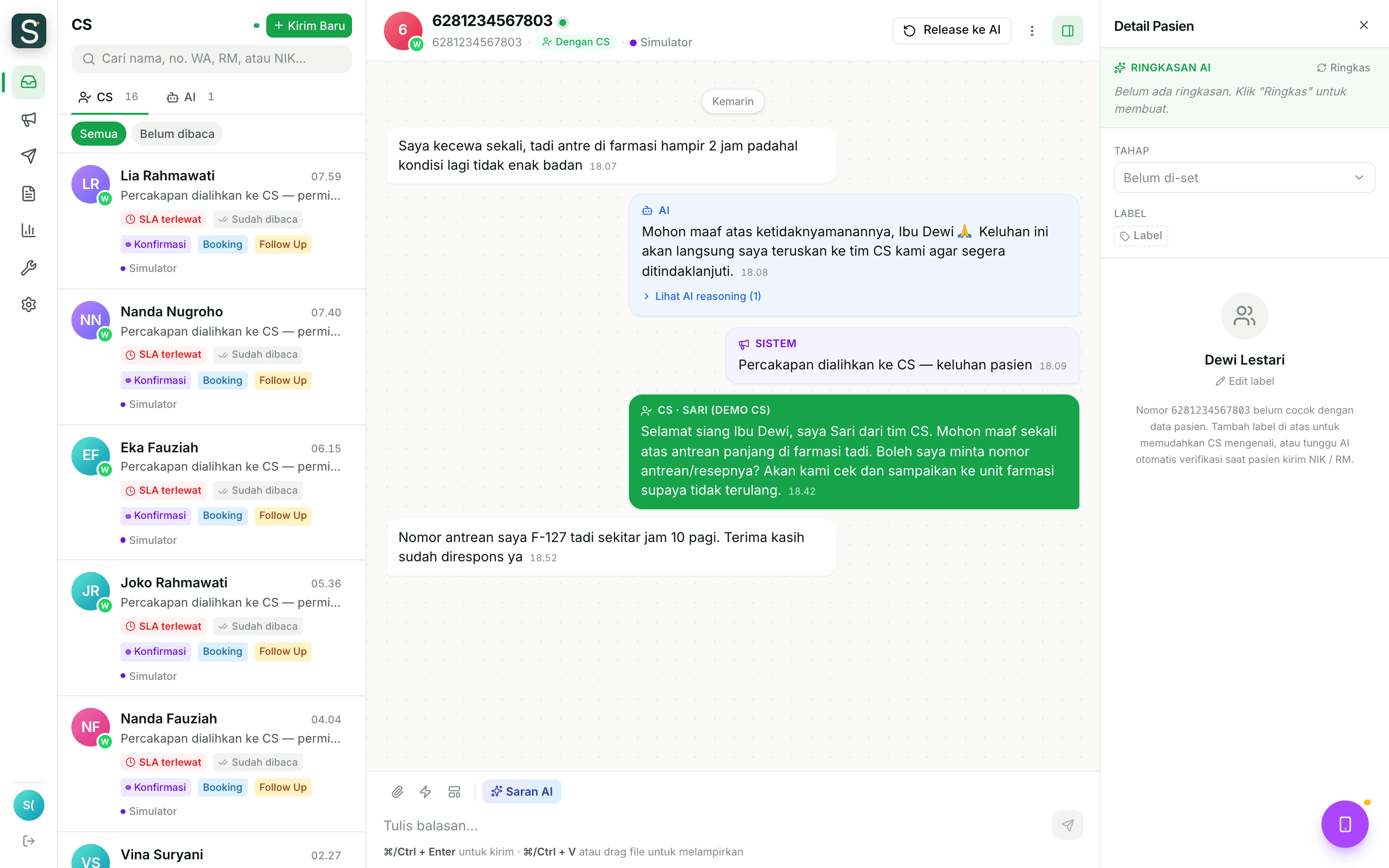 Percakapan yang dialihkan AI ke tim CS manusia beserta riwayat lengkapnya